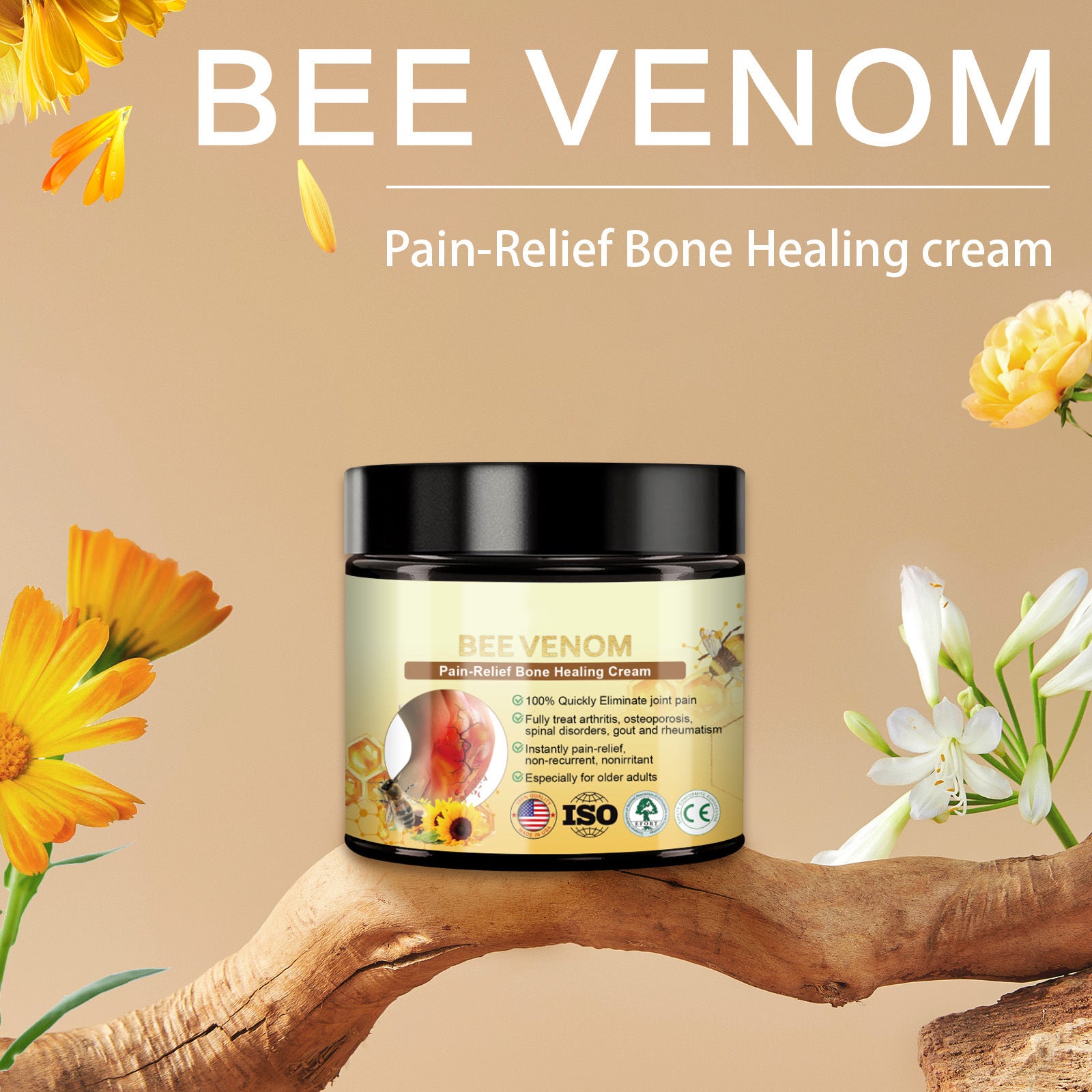 Flysmus Bee Venom Cream 60g, Flysmus Bee Venom Pain Relief Bone Healing Cream, Bee Venom Joint Cream, Bee Venom Joint Gel for Back, Neck, Hands, Knee